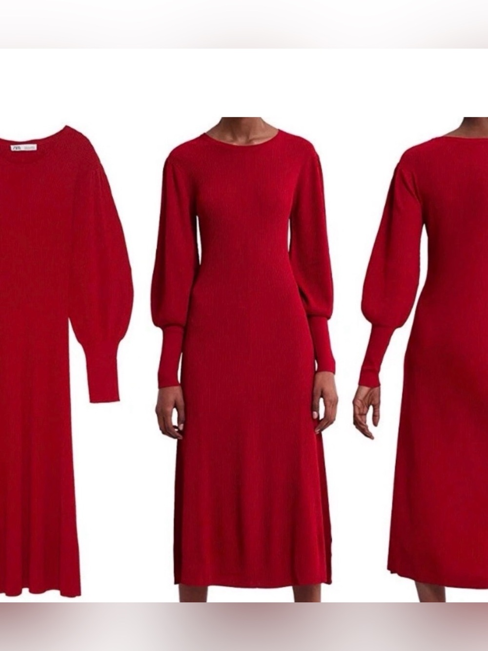 Zara Red Long Sleeve Ribbed Midi Dress